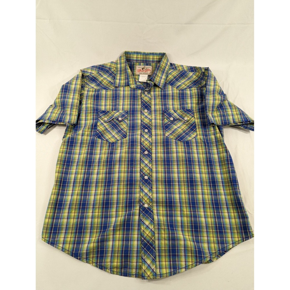 Vintage wrangler pearl snap western‎ Blue Green Short Sleeve Thick Stitch Med